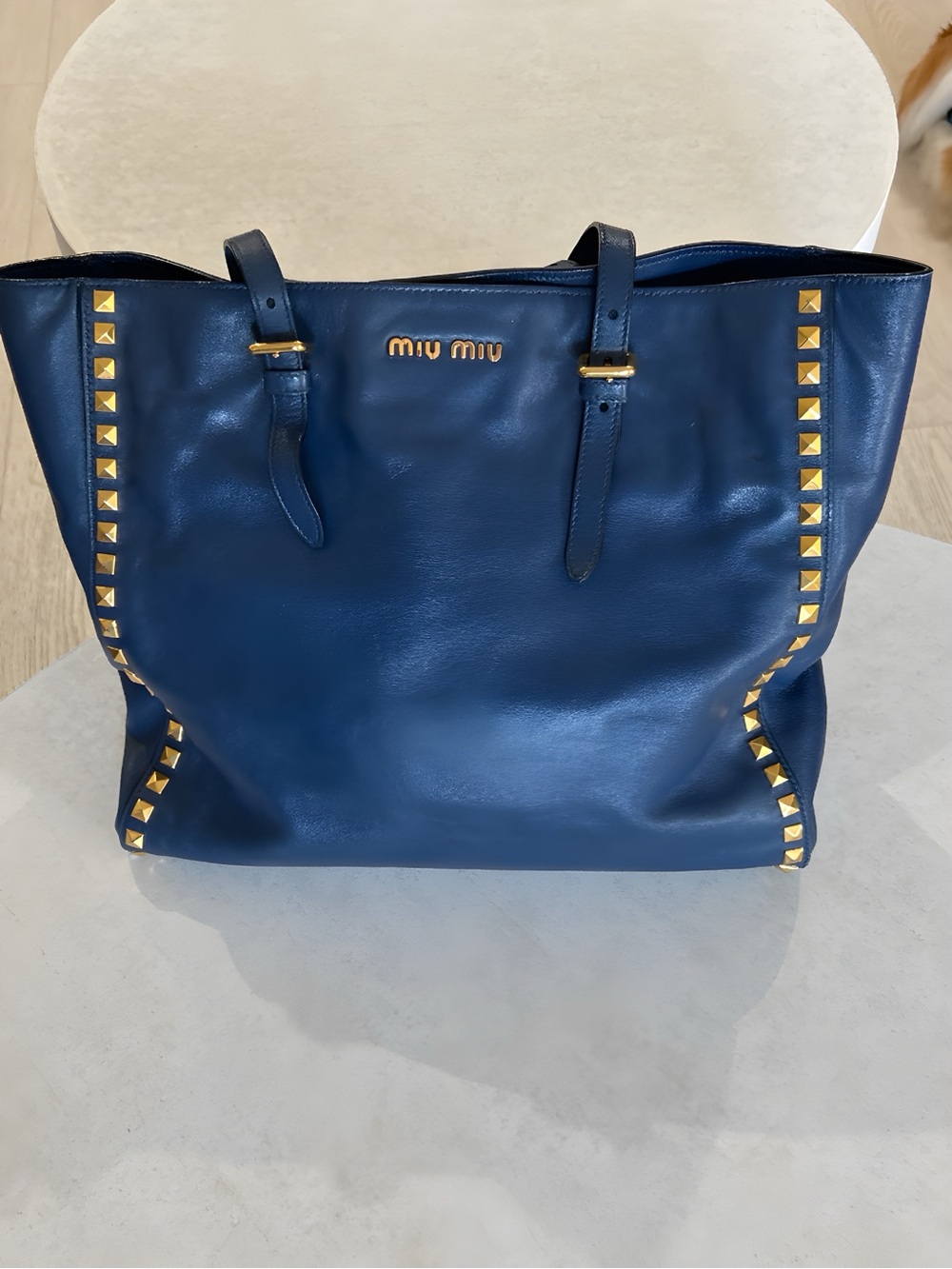 Miu Miu Deep Blue Leather Tote with Gold Pyramid Studs